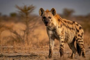 Spotted hyena in african savanna at sunset